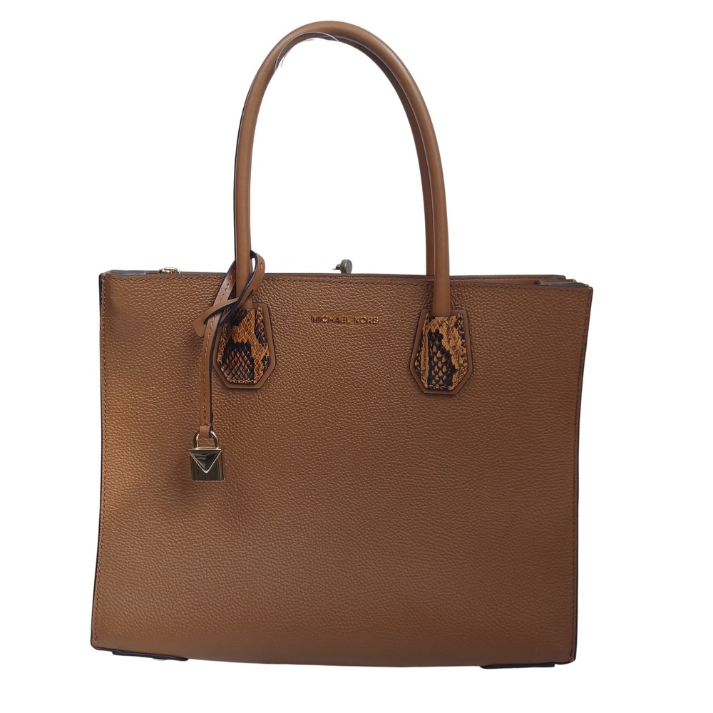 Michael Kors Mercer Large Accordion Tote Brown Pebbled Leather Snakeskin‎ Trim